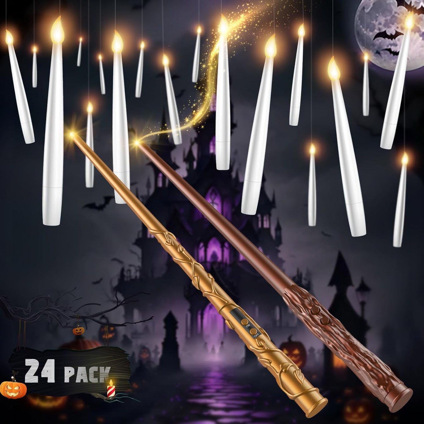 Floating Candles with 2 Wand - 24 Pack Halloween Decorations Magic Flameless Candles Flickering Warm Light LED Hanging Candle Remote, Operated Candles for Christmas Outdoor Indoor Party Decor