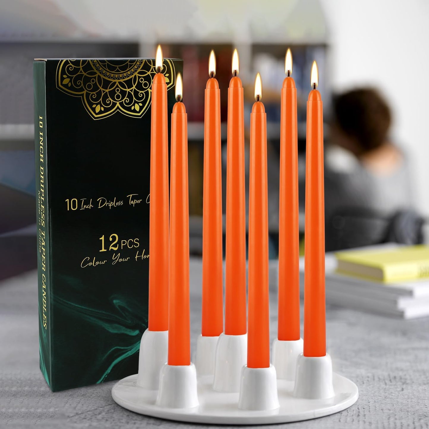 12-Pack Orange Taper Candles - 10 Inch Unscented Dripless Candlesticks, Long Burning for Halloween, Thanksgiving, Fall Decor & Dinner Parties