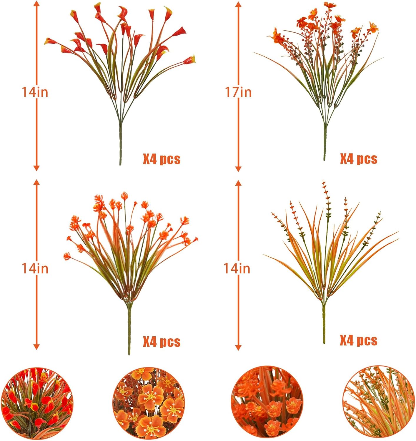 16Pcs Outdoor Fall Flowers UV Resistant Artificial Fall Flowers Autumn Plastic Flowers Plants Fall Greenery Shrubs for Outside Garden Front Porch Patio Thanksgiving Decor