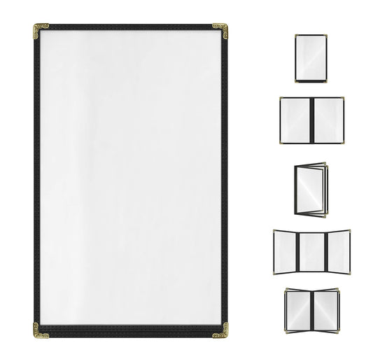 Goodsmart Restaurant Menu Covers – 25 Pack Black 2-View, Top-Loading Menu Holders, Vinyl & Plastic Café Menu Covers, Clear Menu Sleeves, Fits 8.5" x 14", Leather-Style Design, Gold Corners