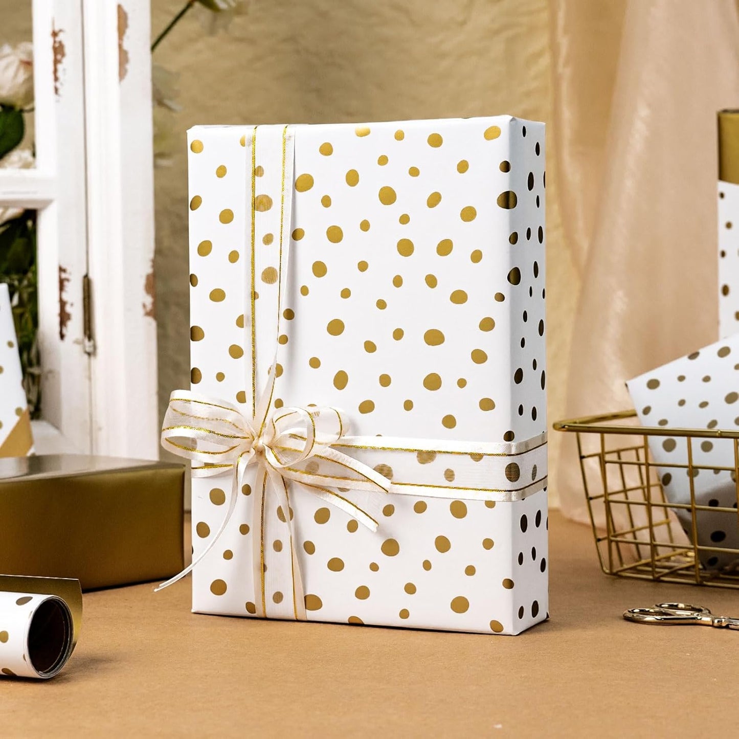Burymento Golden Lrregular Wave Point Wrapping Paper, Reversible Gold Gift Wrap for Birthday, Valentines, Mothers day, Graduation, Wedding, Fathers day, Baby Shower, Christmas (17in x 16.4ft)