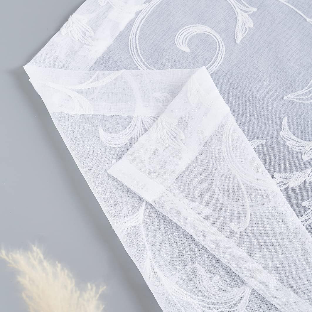 Floral Embroidery Sheer Curtains White 45 Inch Length, Vintage Rod Pocket Voile Drapes for Living room, Bedroom, Window Treatments Semi Crinkle Curtain Panels for Villa, Parlor, Set of 2, 52"x 45".