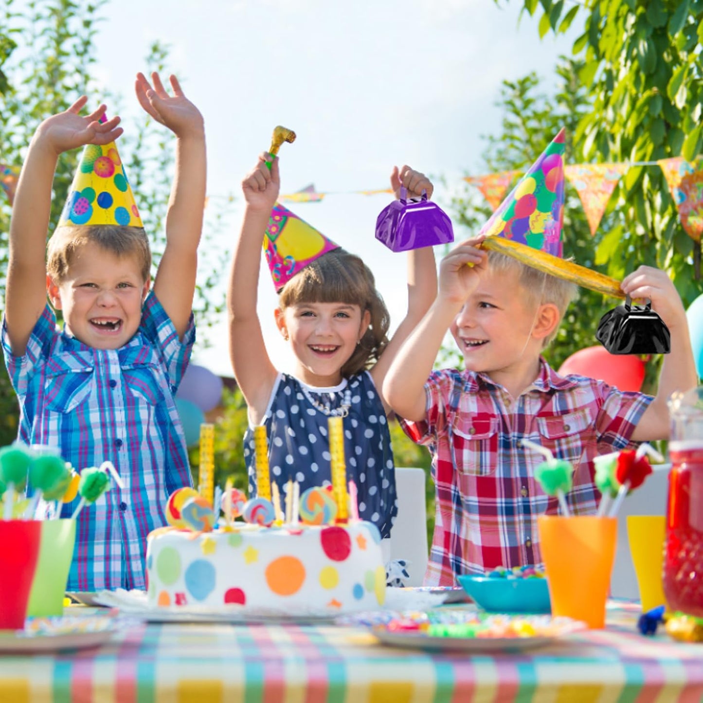 Metal Cow Bell Noise Maker - 3 Inch Pack of 4 - Small Loud Metal Cowbell Noisemaker with Handle - Great for Football Games, Sporting Events, Weddings, New Year's Eve, Birthday Parties