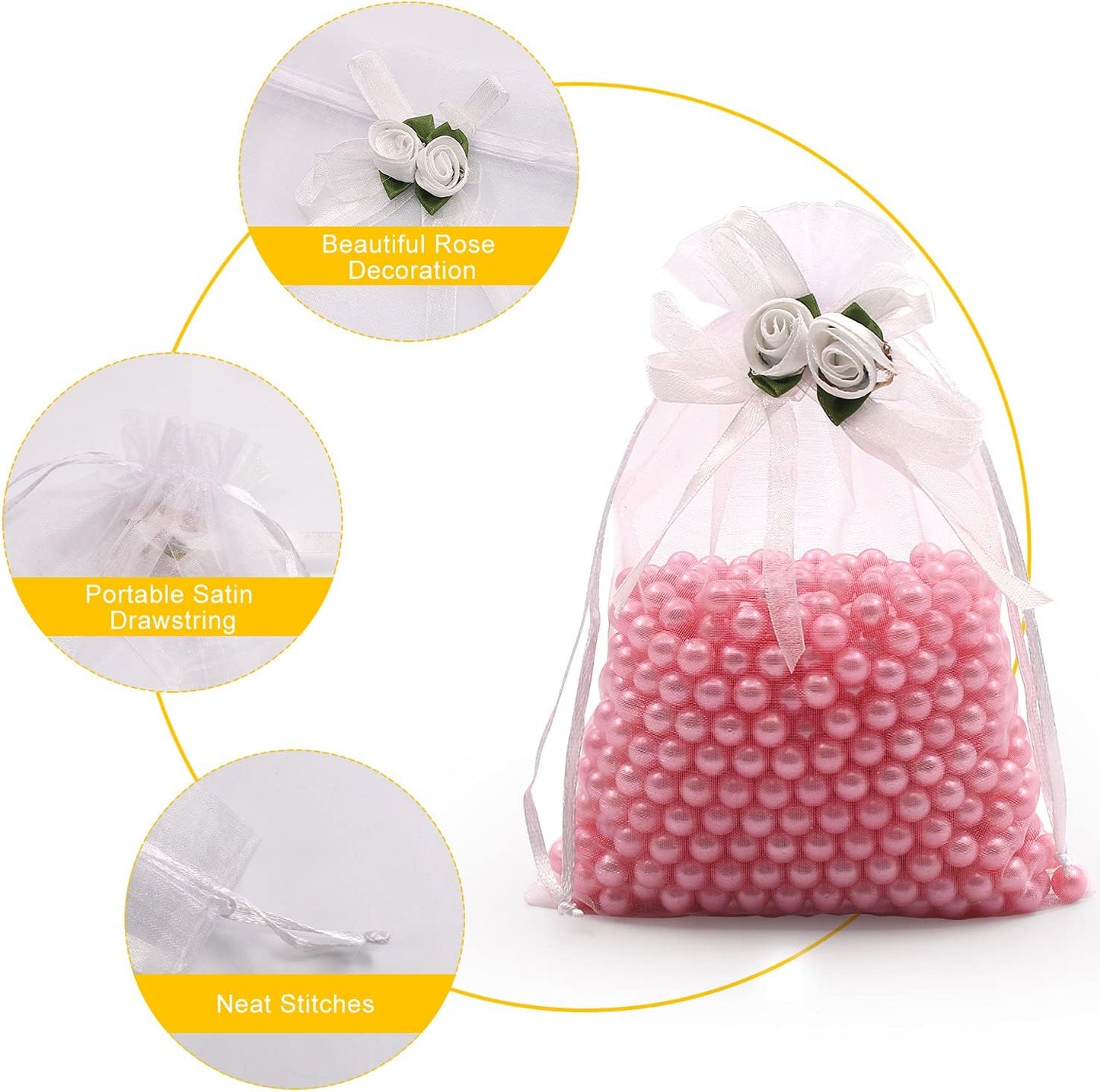 SumDirect Rose Organza Gift Bags - 50Pcs 5x7 inch White Wedding Favor Gift Bags, Jewelry Pouches with Drawstring for Party Wedding Christmas Valentine