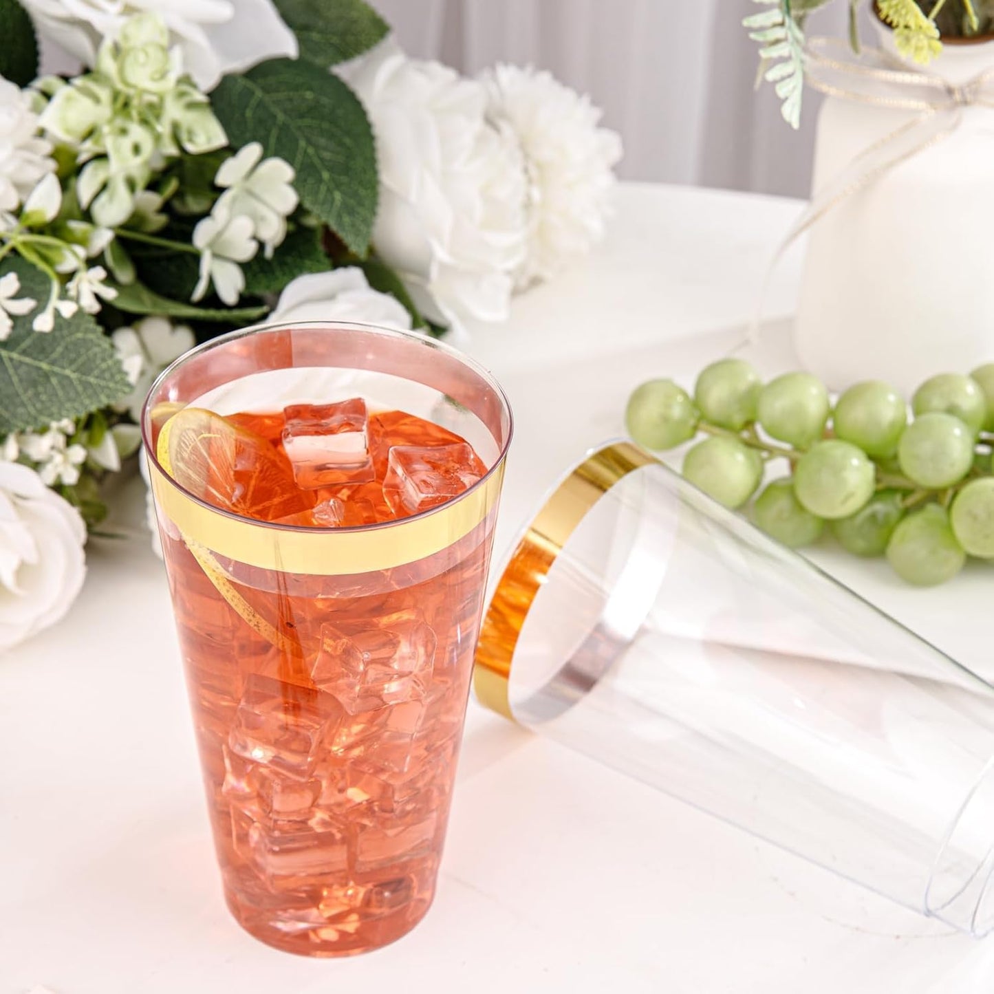 I00000 16 oz Gold Plastic Cups, 50 Pack Clear Plastic Cups Tumblers Gold Rimmed Disposable Cup, Heavy-duty Disposable Cup Perfect for Halloween, Thanksgiving and Christmas Parties