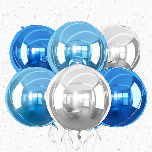 6Pcs Blue Silver Round Foil Balloons,Giant 4D Round Ball Balloons,22 Inch Metallic Blue Silver Balloon for Birthday Wedding Graduation Prom Party Decorations