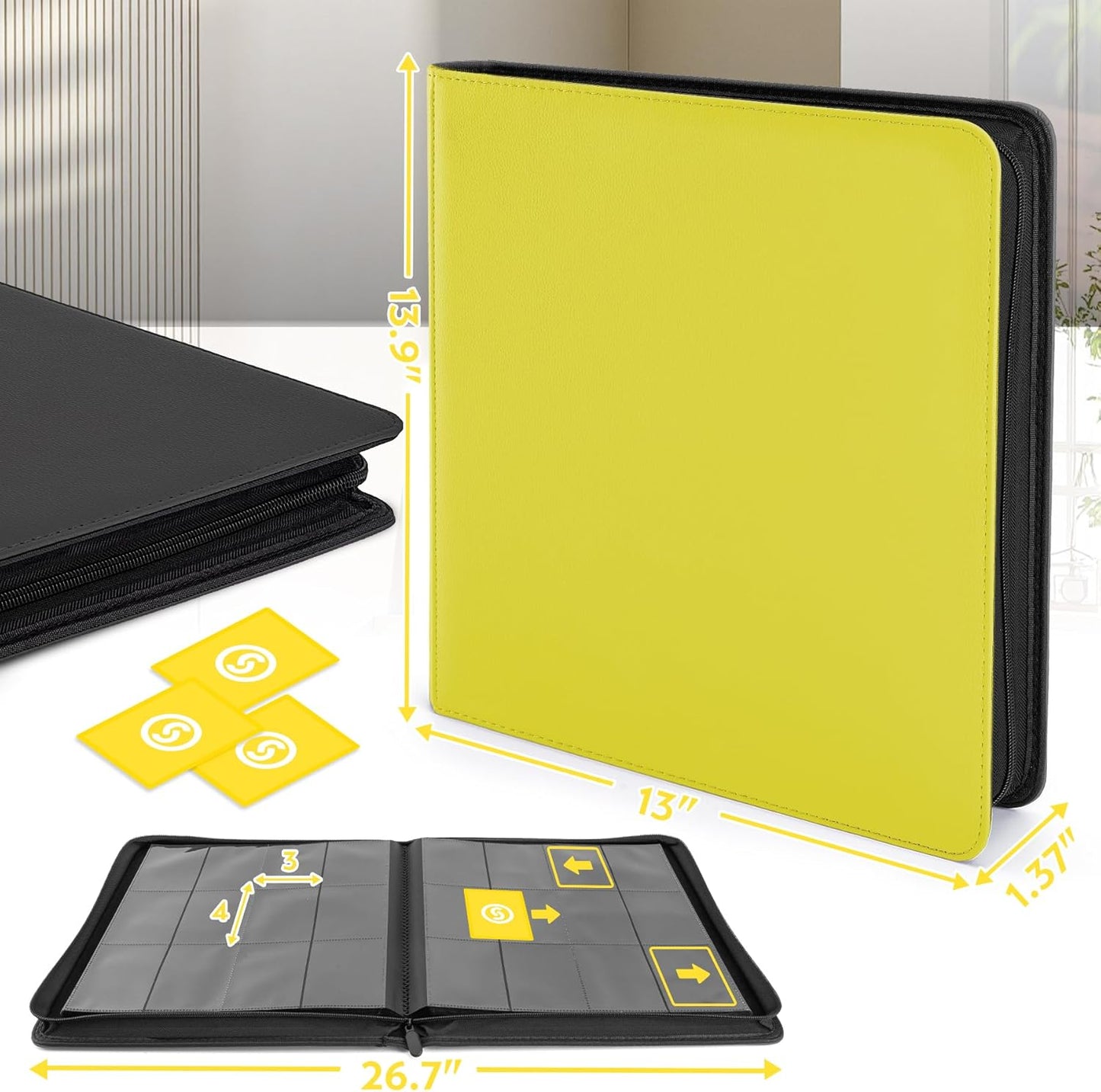 SMYV 12 Pocket Trading Card Binder, Premium PU Cover Card Binder for 720 Cards, Ringless Side Loading Card Collection Album Folders for MTG, TCG, Game Cards & Sports Cards (Yellow)