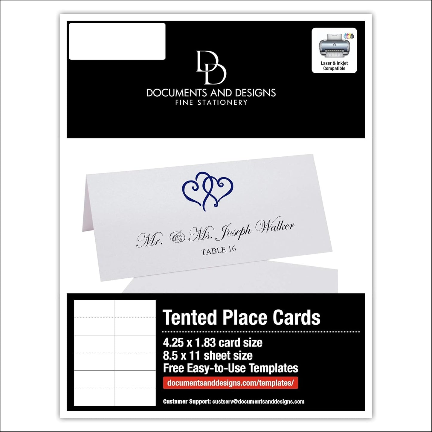 Linked Hearts Printable Place Cards, Navy (Choose Color), Set of 150 (25 Sheets), Laser & Inkjet Printers - Wedding, Party, Dinner, and Special Events - Made in the USA