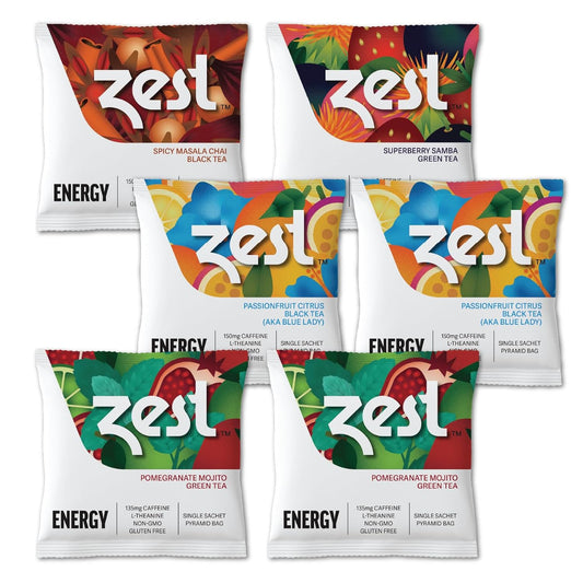 Zest 135-150mg High Caffeine Energy Leaf Blends - Variety Mini Sampler Pack - Black Tea & Green Tea - 6 Tea Bags - Natural Strong Flavored Healthy Coffee Alternative Highly Caffeinated Keto Substitute
