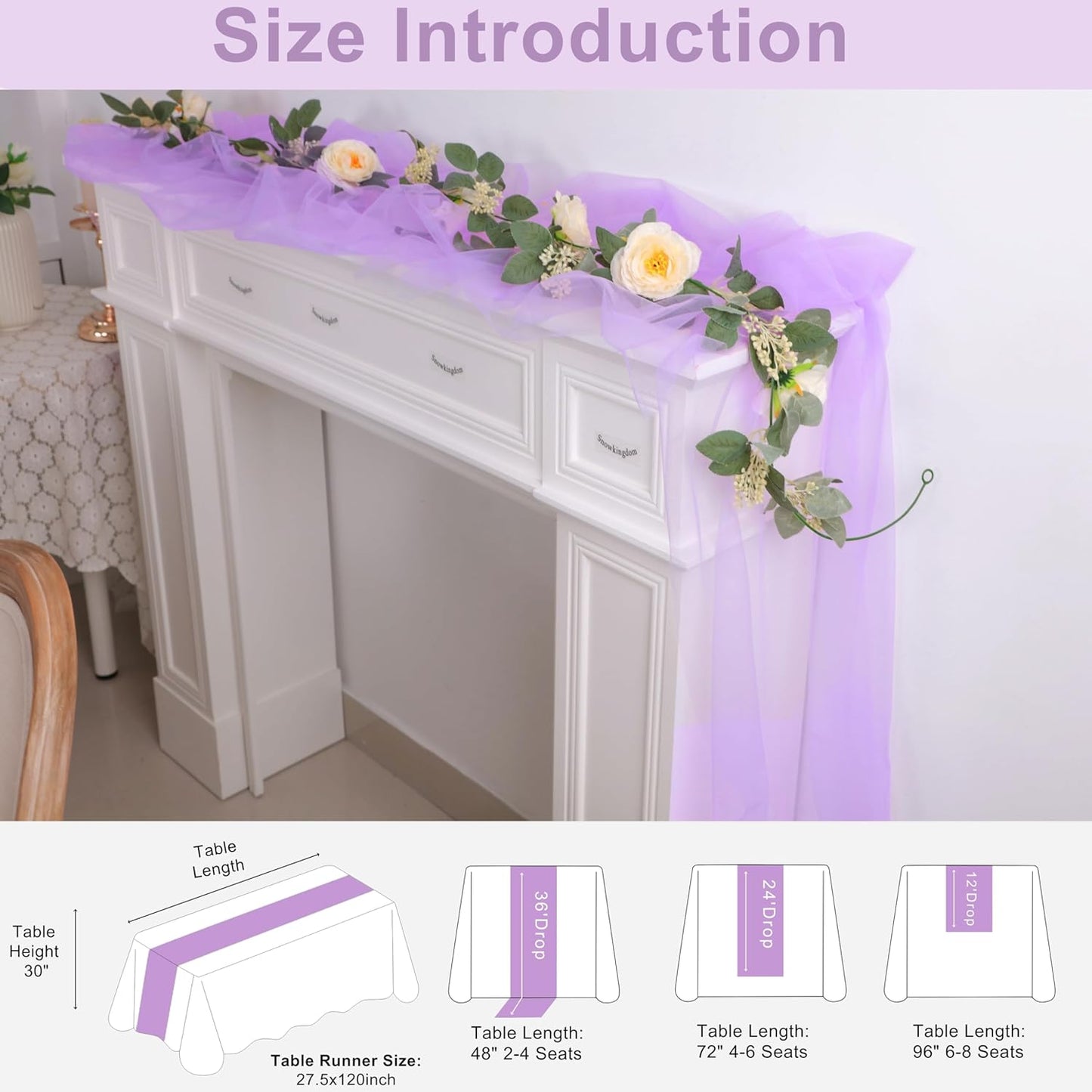 Snowkingdom Lavender Lilac Purple Table Runner, 10FT Light Purple Gauze Sheer Boho Rustic Cheesecloth Dining Table Decorations, Summer Tulle Runners for Wedding Party Baby Shower 120 inch