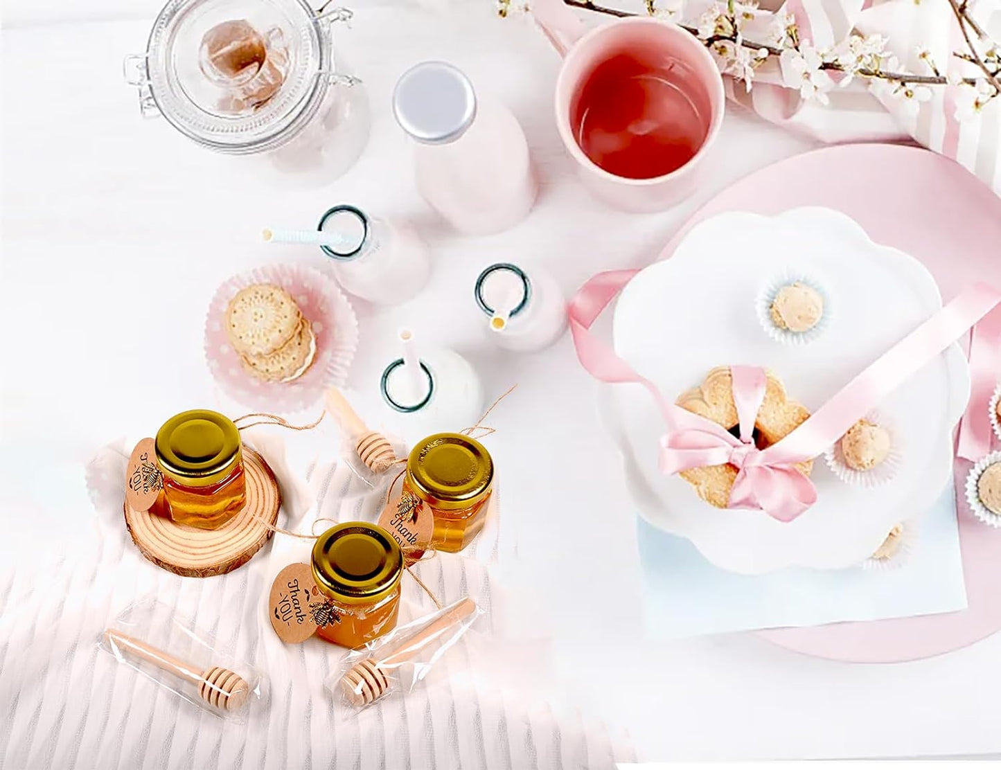 Adabocute Mini Honey Jars with Dipper - Hexagon Honey Pot Set with Gold Lid, Bee Pendants, Jutes, Gold Organza Bags and Stickers - Perfect for Baby Shower Party Favors Wedding Favors, 60 Pack 1.5oz