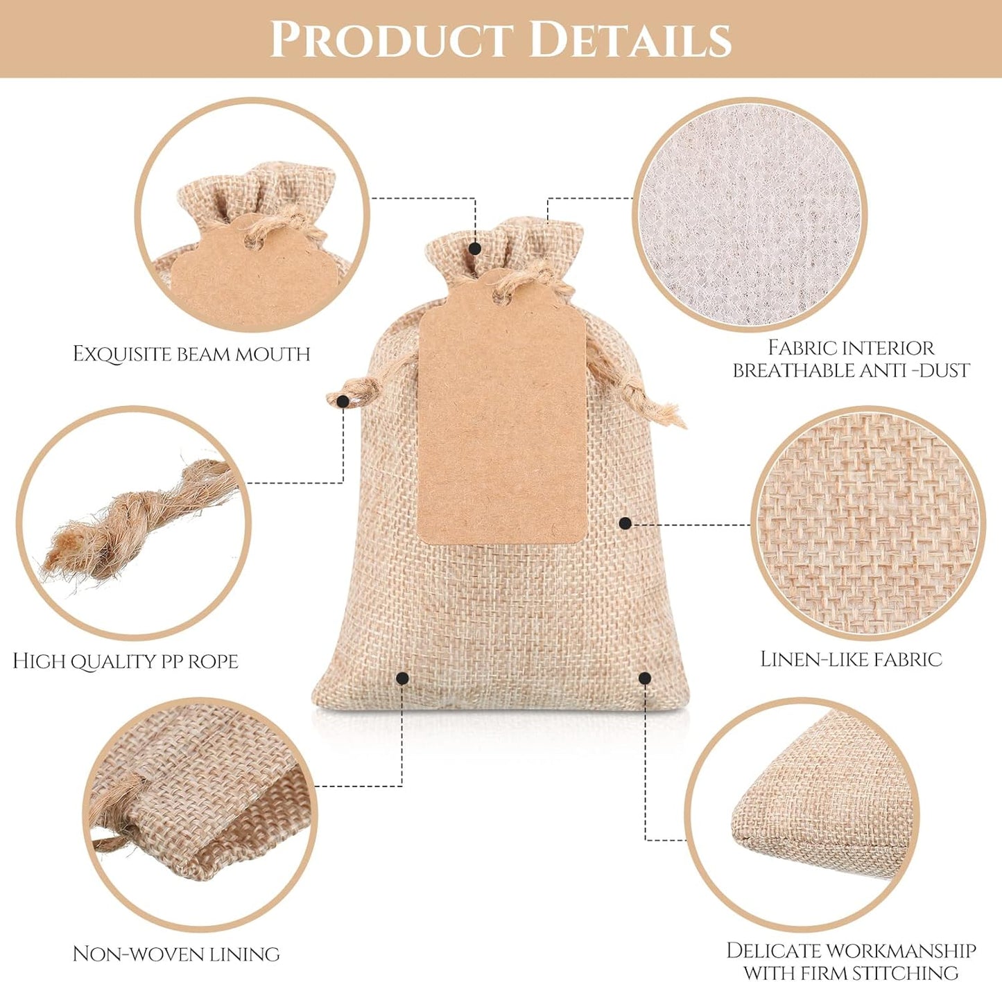 Woanger 100 Pcs Burlap Gift Bags with 100 Pcs Kraft Paper Gift Tags Drawstring Favor Bulk Burlap Sack Bags for DIY Wedding Party Craft(3 x 4 Inch,Light Brown)
