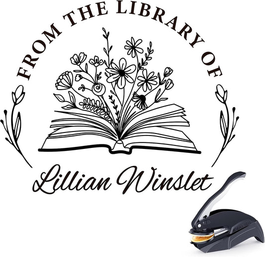 Personalized Book Stamp - Custom Book Embosser Library Gifts for Book Lovers, Readers, Teachers (Floral-08)