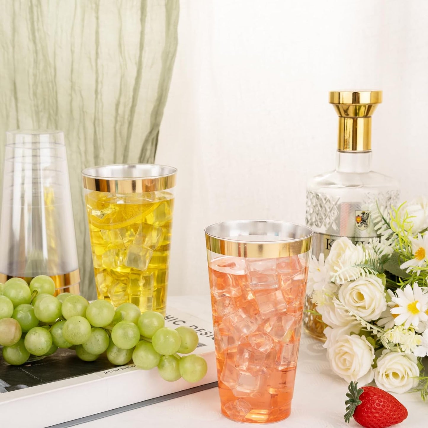 I00000 16 oz Gold Plastic Cups, 100 Pack Clear Plastic Cups Tumblers Gold Rimmed Cup, Heavy-duty Disposable Cup Perfect for Halloween, Thanksgiving and Christmas Parties