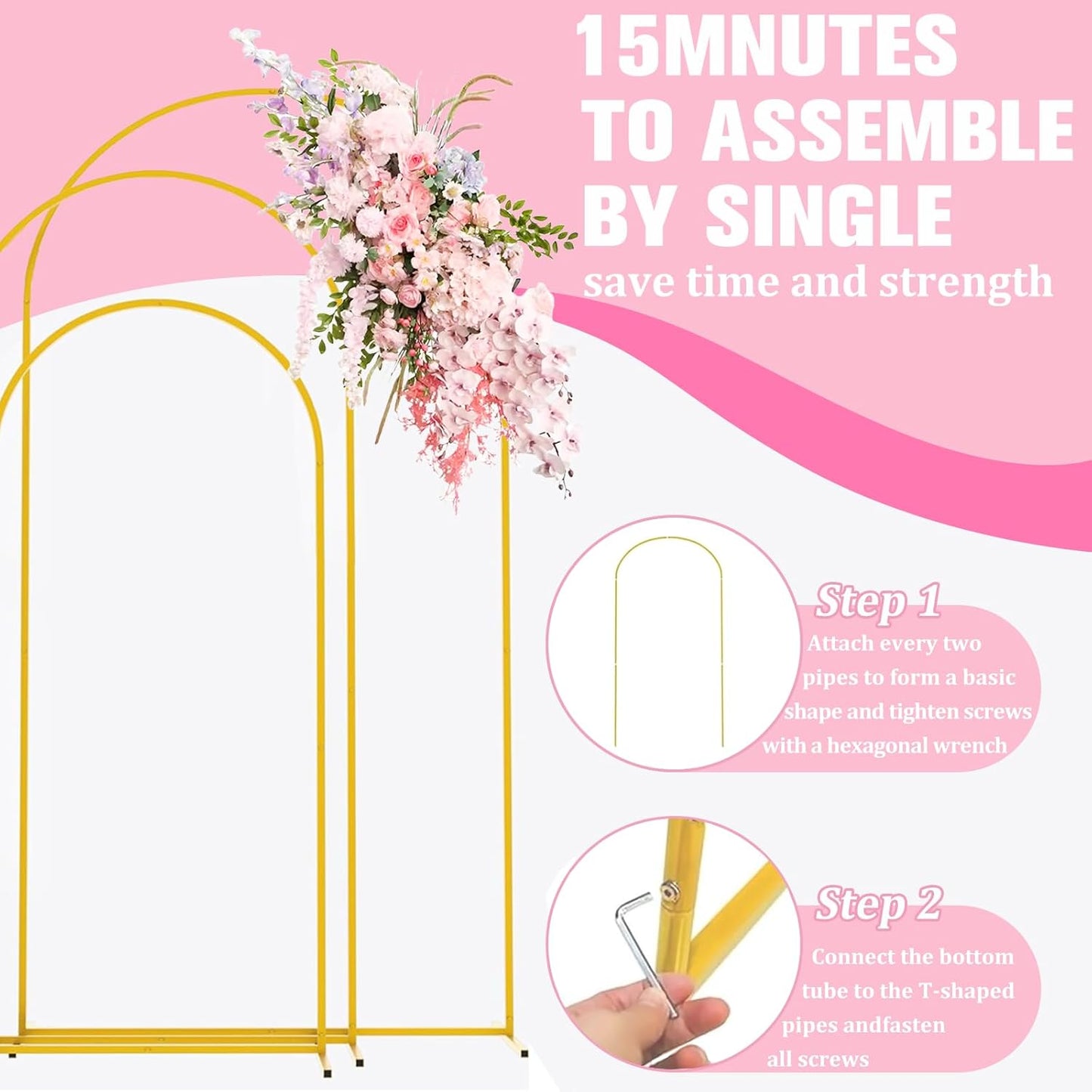 Bazen Wedding Arch Backdrop Stand 7.2FT, 6.6FT, 6FT Set of 3 Metal Arch Backdrop Stand for Birthday Party Wedding Ceremony Bridal Baby Shower Banquet Party Event Decor