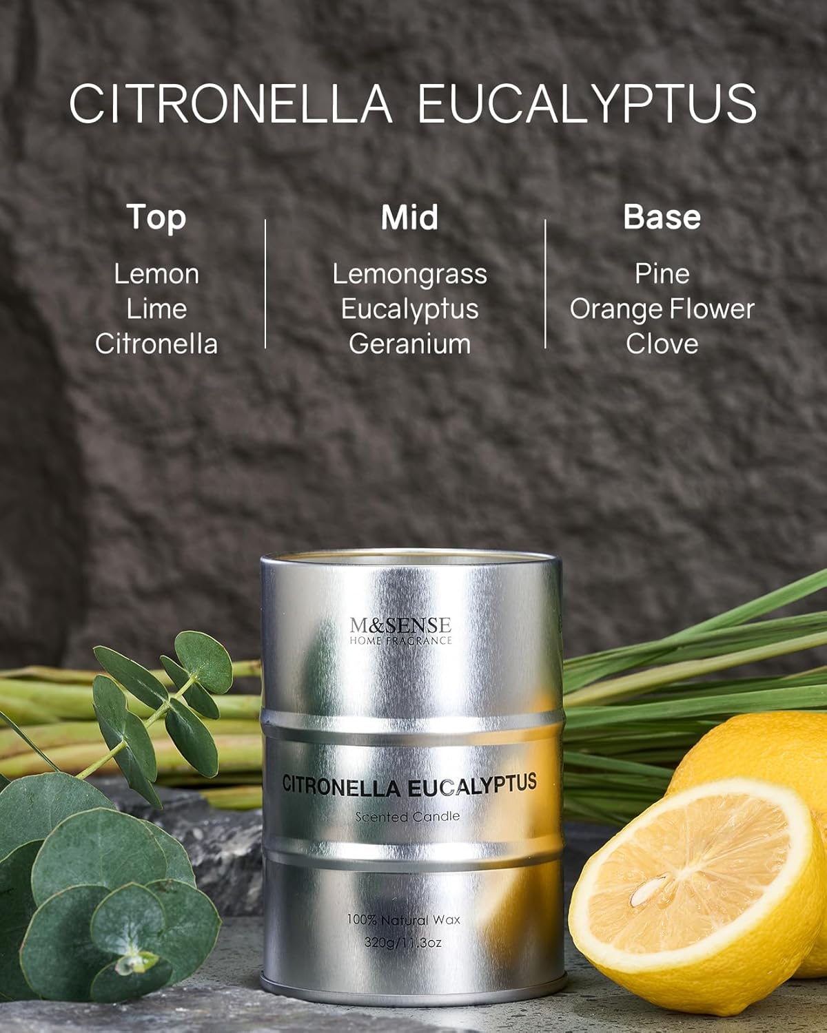 M&SENSE Scented Candle, Citronella Eucalyptus Medium Jar Candle for Men, 70 Hours Slow Burning Natural Soy Candles 11.3oz, Stress Relief Aromatherapy Candles Home Decor, Valentines Day Gifts for Him