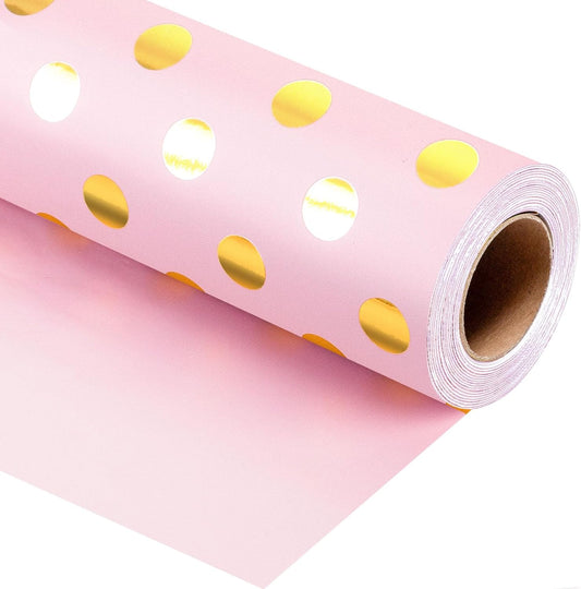 Burymento Pink and Gold Dots Wrapping Paper, Reversible Pink Gift Wrap for Birthday, Valentines, Mothers day, Graduation, Wedding, Fathers day, Baby Shower, Christmas (17in x 32.8ft)
