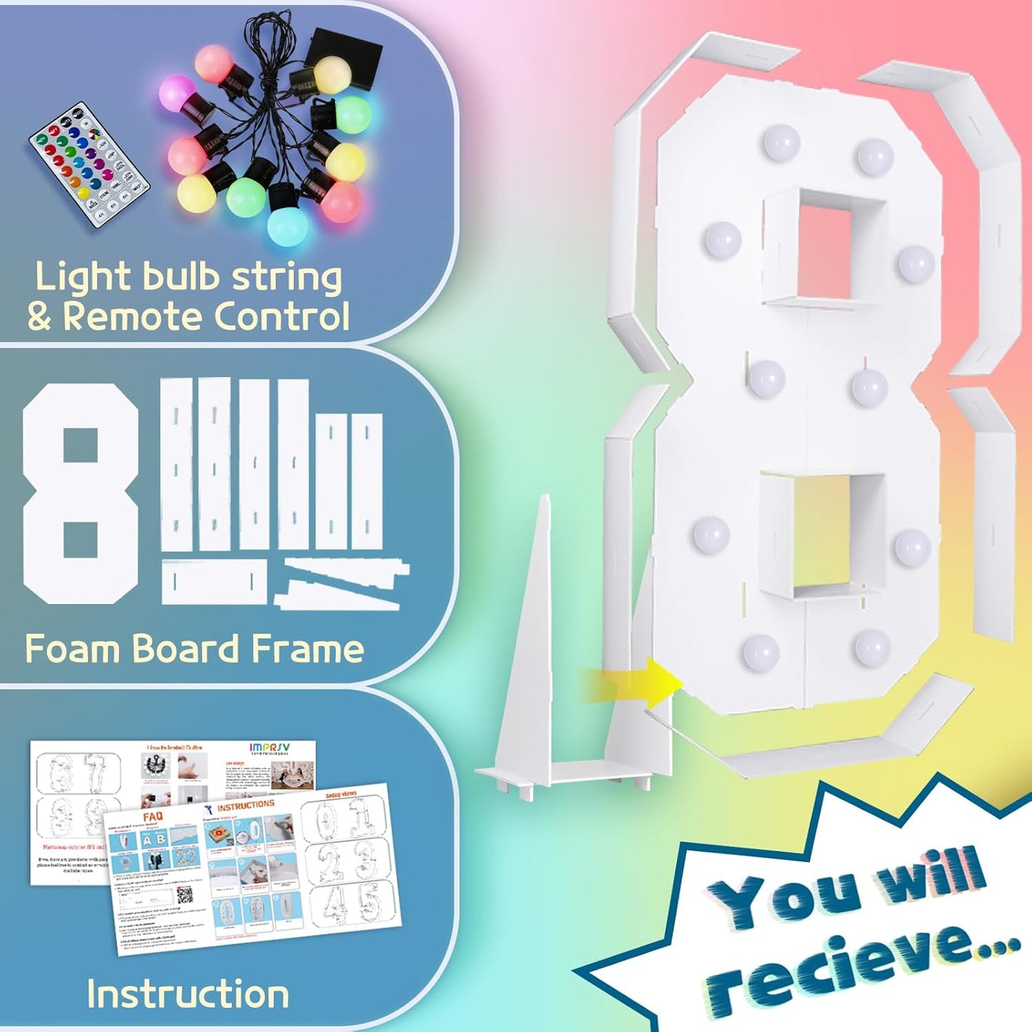 imprsv 4FT Colorful Marquee Numbers,18 Colors Number 8 with Remote, Light Up Sign for 8th Birthday Decorations Anniversary Party Decor, Pre-Cut Foam Board Kit, Mosaic Sign for Balloon