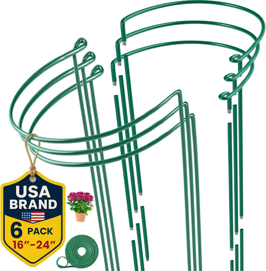 6 Pack Plant Support Stakes – Tall Plant Stakes for Indoor and Outdoor Gardens - Peony Cages and Supports - Cage Rings for Potted Flowers, Peony, Hydrangea, and Rose Bush (10" W x 16" - 24" H)