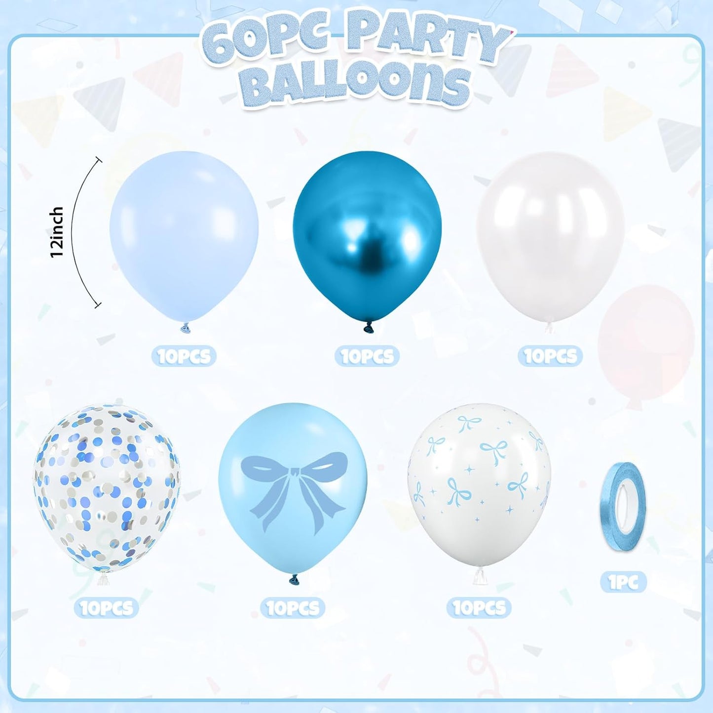 Blue Bow Balloons, 60pcs White And Blue Balloons, Metallic Macaron Preal White Balloon Bow Print Balloon For Girls Women Lady Birthday Baby Shower Party Wedding Bridal Shower Bachelorette Decorations