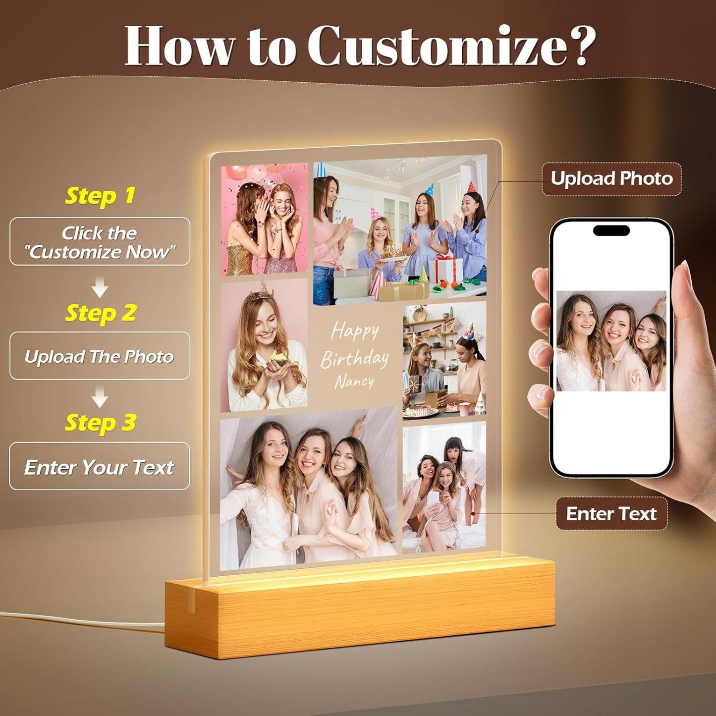 Custom Picture Frames with Photo, Personalized Photo Frame with Night Light, Customized Picture Frames, Personalized Birthday Gifts for Women, Her, Bestie, Best Friends