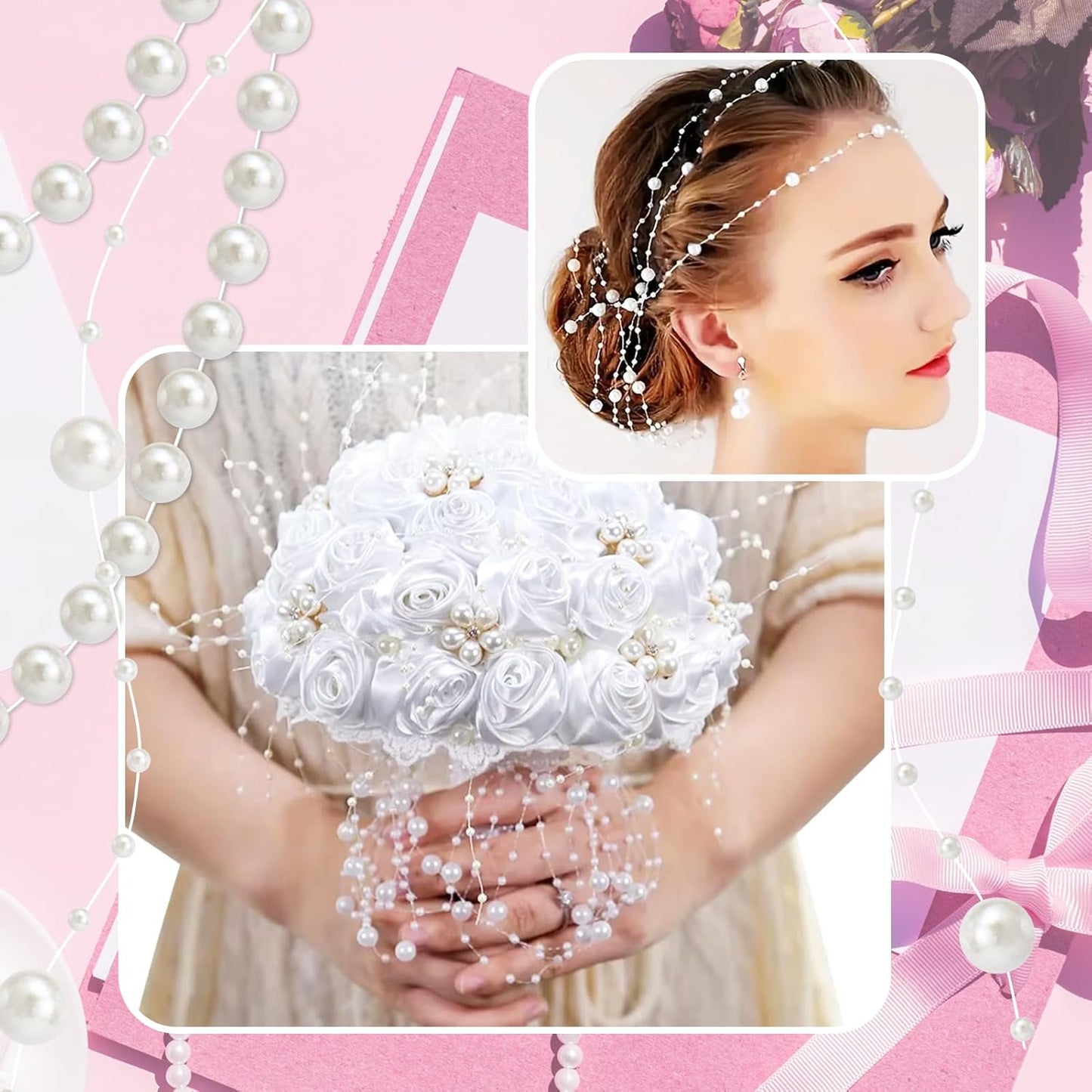 99 Feet Fishing Line Artifical Pearl Strings for Crafting, Faux Pearl Garland Strands for Floating Candle Vases Filler Wedding Centerpiece Bouquet Christmas Tree Party Decoration, White