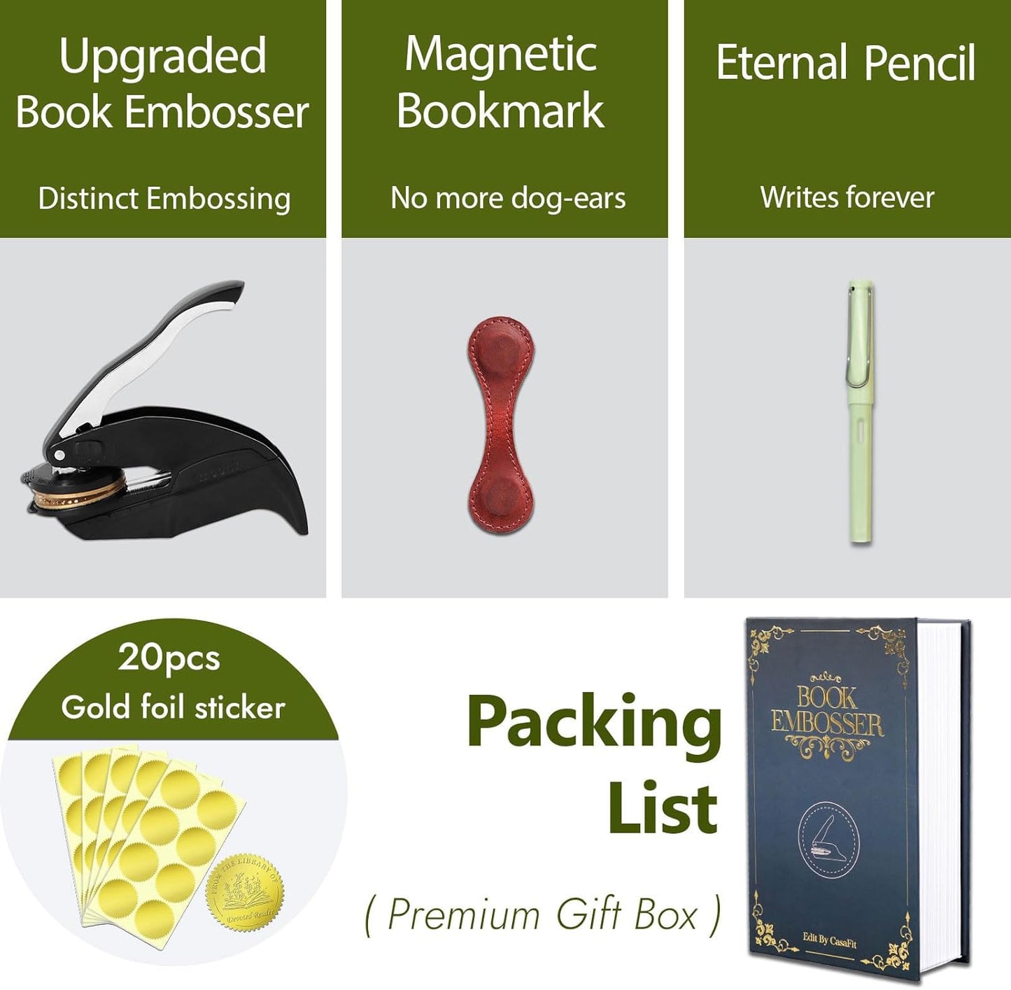 Upgraded Book Embosser Personalized | Custom Book Stamp | Storage Gift Box Set - Include Magnetic Bookmark and Eternal Pencil & 20 pcs Foil Sticker for Hardcover Books, Envelopes, Leather