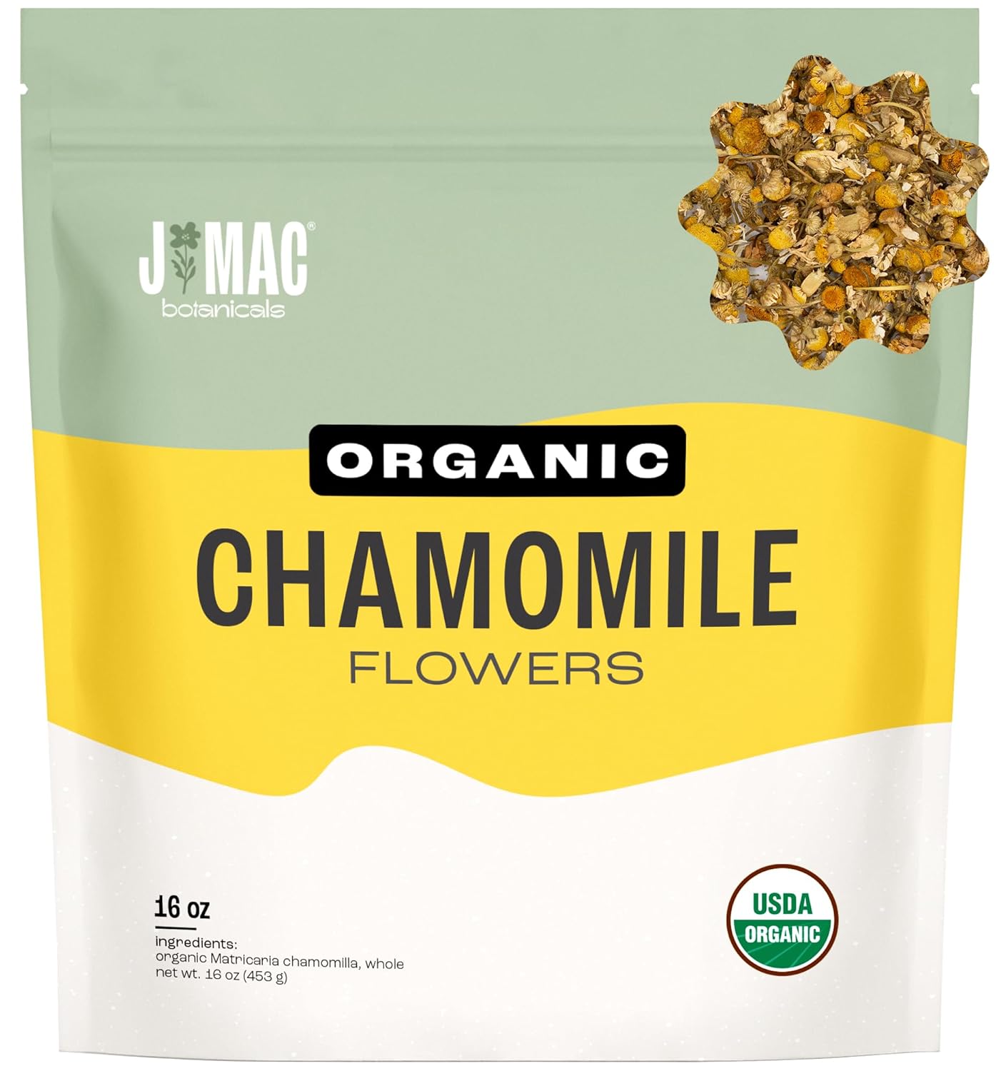 J Mac Botanicals, Organic Chamomile Flowers (1 pound), Certified USDA Organic. Whole Dried Chamomile Flower, Loose Leaf Tea