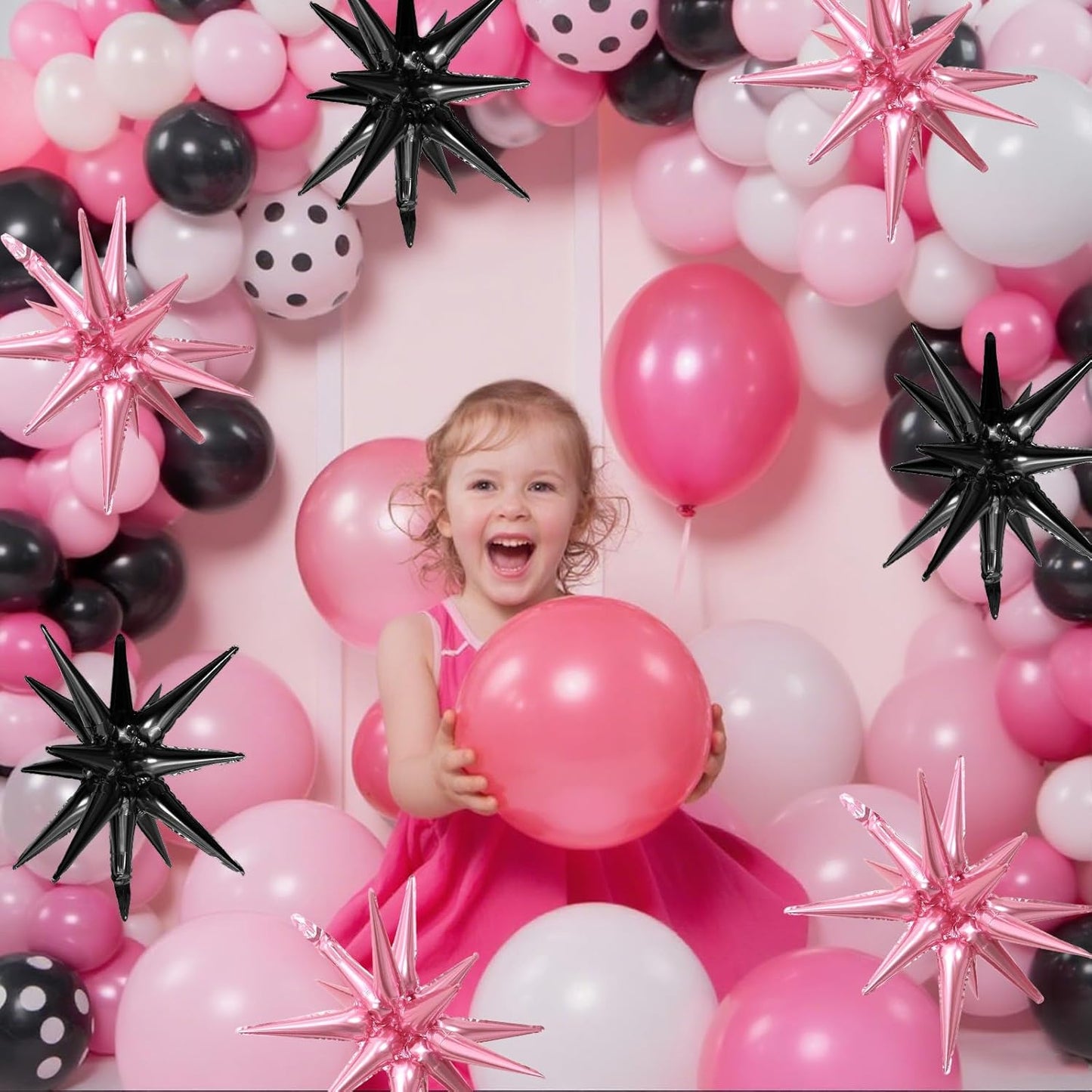 Pink Black Star Balloons,9Pcs 22Inch Black and Pink Explosion Spike Cone Helium Polyester Film Star Foil Balloons for Birthday Anniversary Baby Shower Disco Party Decorations