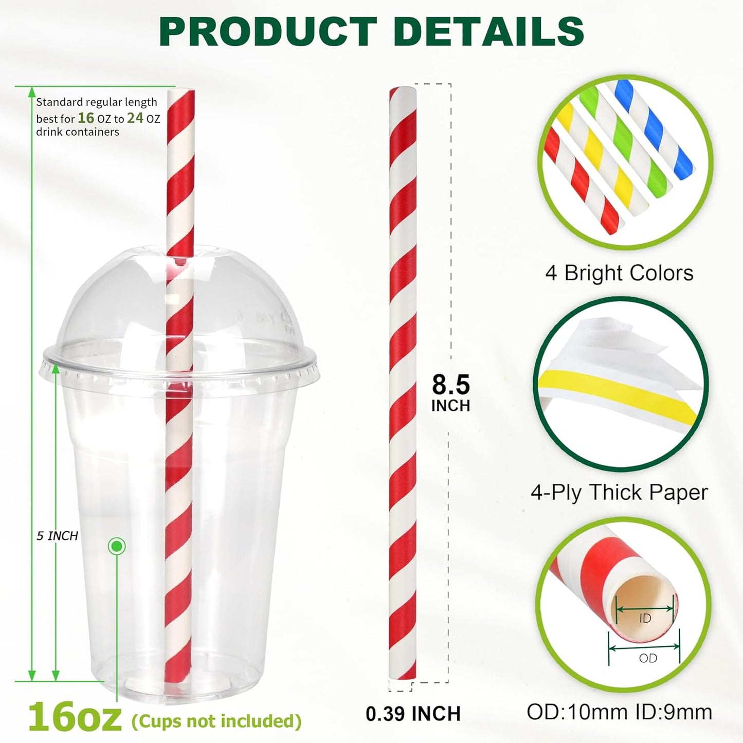 [10mm Wide] 8.5 inch Colossal Paper Straws for Smoothie & Milkshake - Colorful Stripes (Pack of 100)