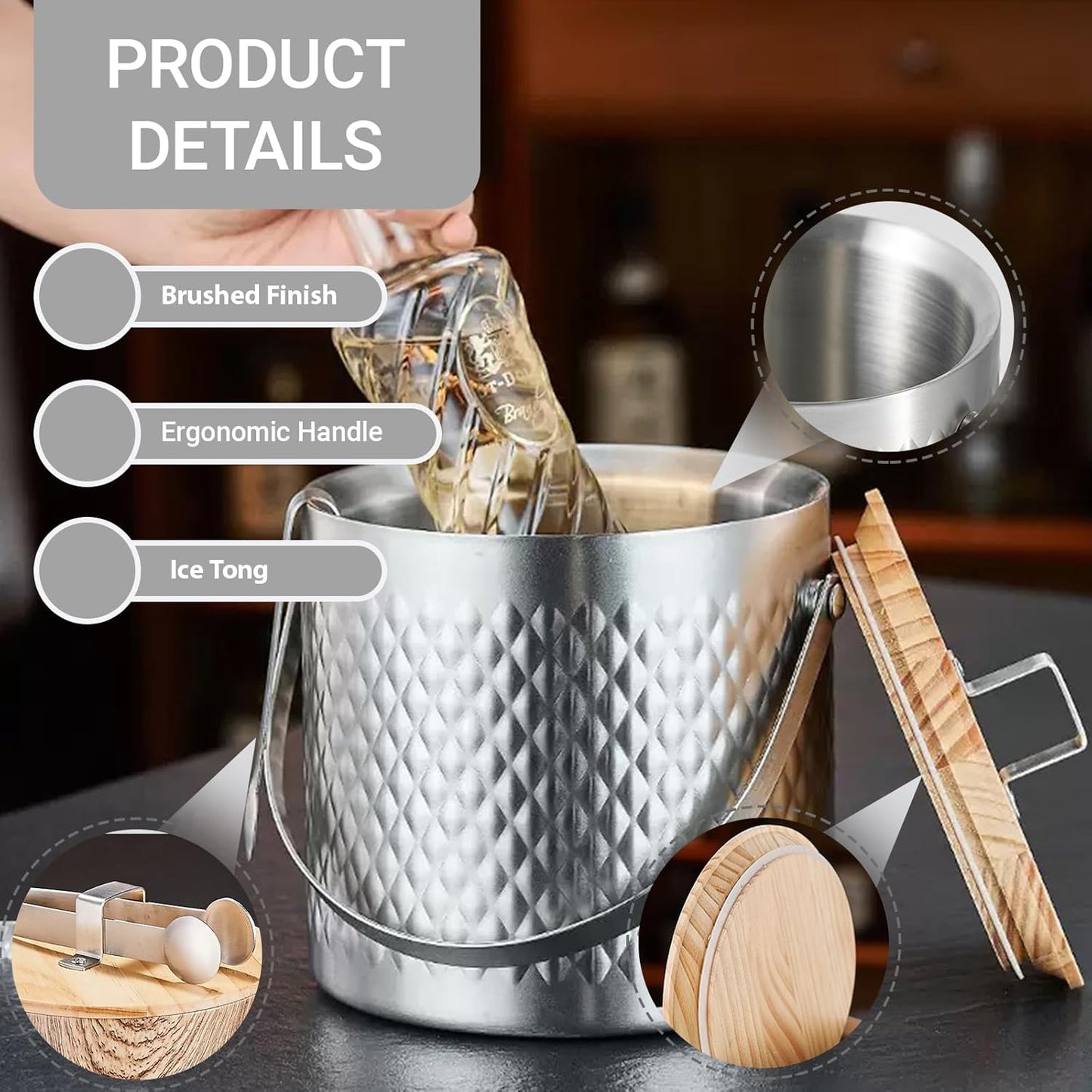 Stainless Steel Hammered Insulated Ice Bucket with Wooden Lid and Ice Tongs Holds 3L of Ice Keep Ice Colder Bar Cart Accessories Champagne Bucket for Party 3L