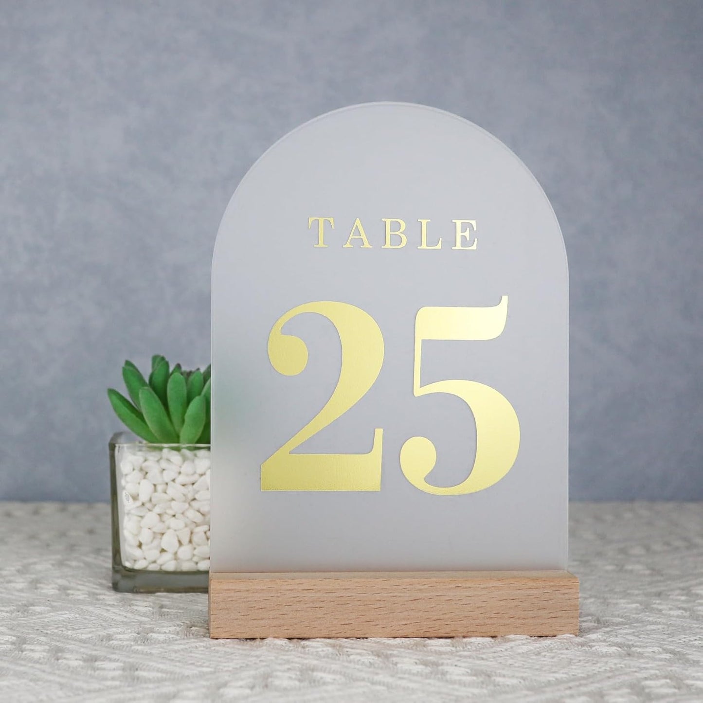 Wedding Table Numbers 1-25, Acrylic Arch Signs with Natural Wood Stands Holders, Rustic Table Decor for Reception & Parties (Frosted Gold)