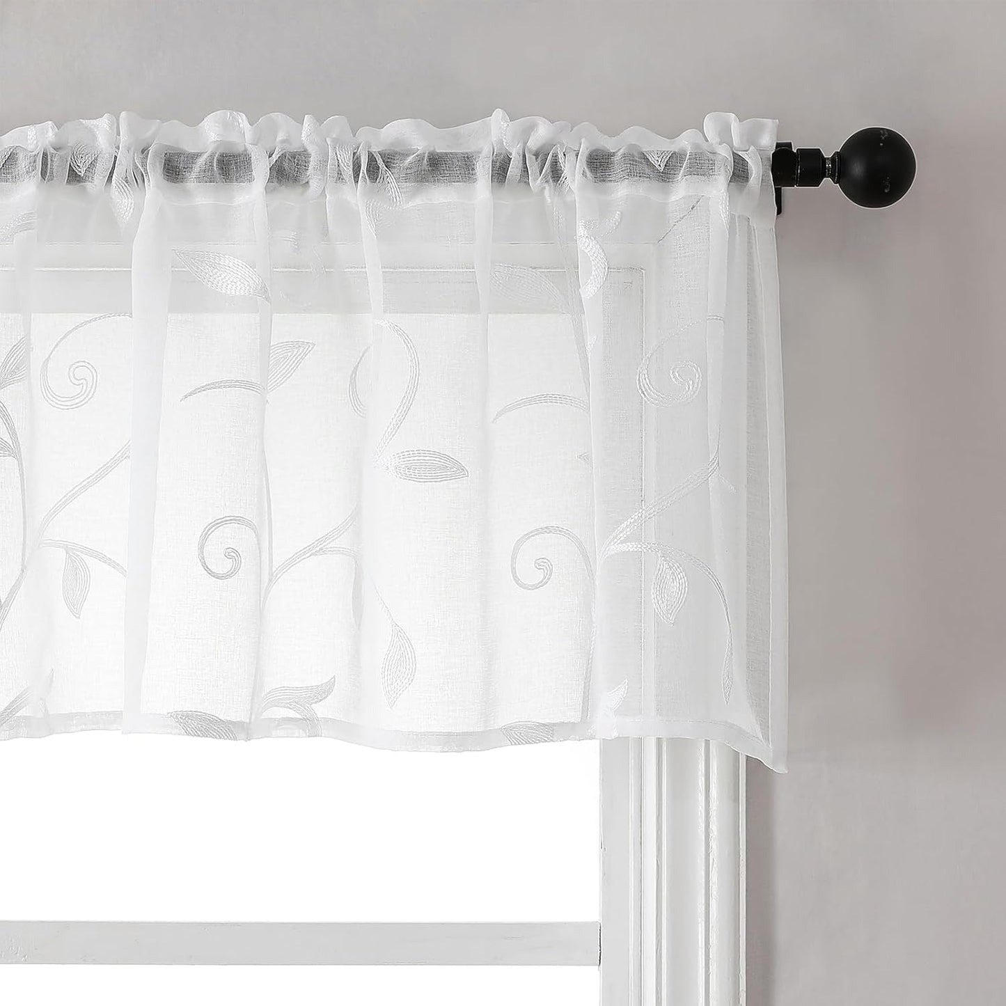 VISIONTEX Sheer Voile Curtain Valances, Decorative Leaves Embroidered, Rod Pocket Window Treatment for Kitchen/Rustic Bedroom/Living Room (54 x 16 Inch,1 Panel)