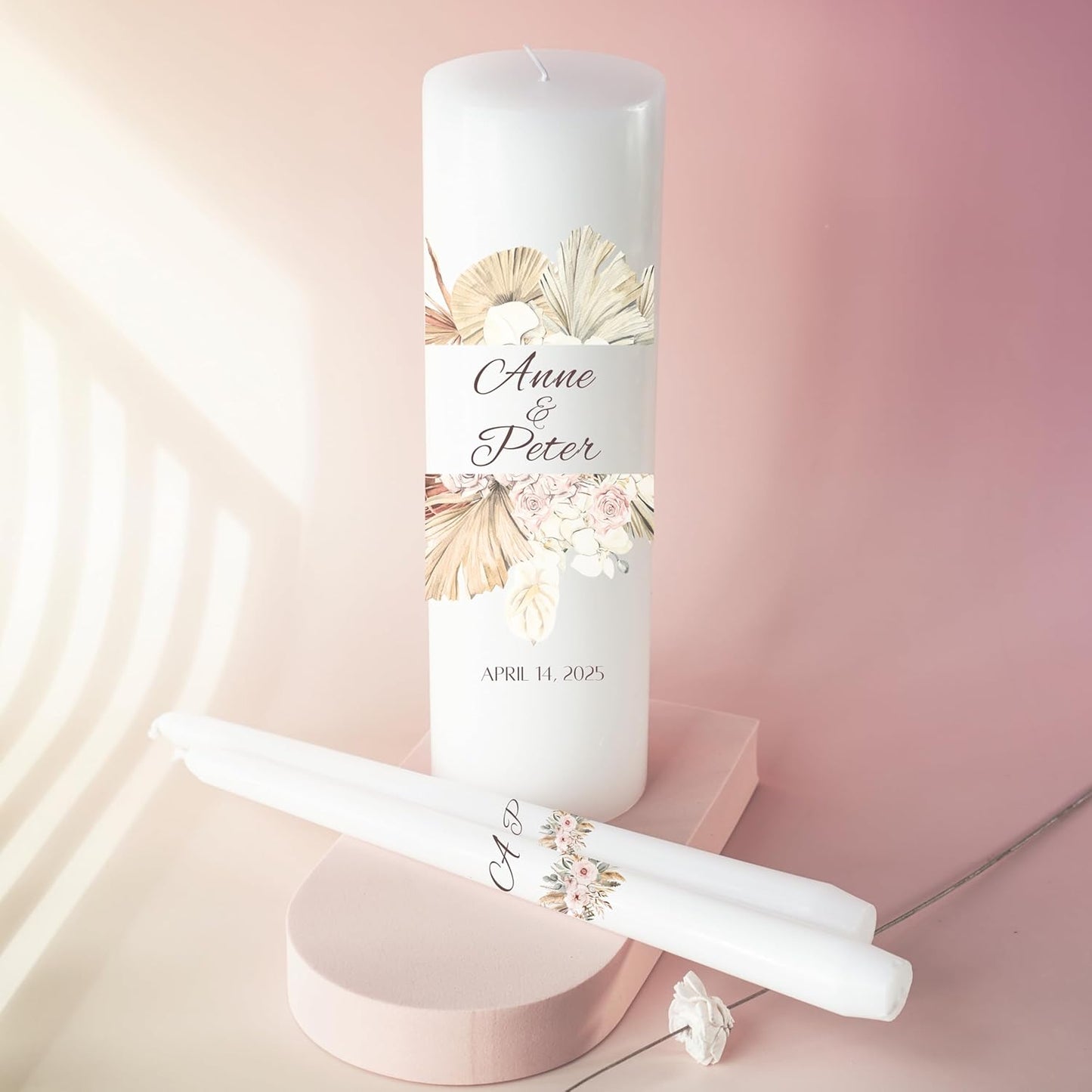 Unity Candles for Wedding, Modern Unity Set, Custom and Personalized Pillar and Taper Candles, Unscented White Premium Wax, Religious and Wedding Ceremony, Special Events (Palm)