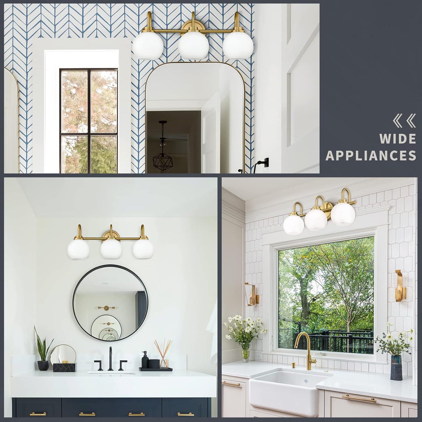 Gold Bathroom Light Fixtures, 3 Light Gold Modern Bathroom Light Fixtures Over Mirror with White Milk White Globe Glass Shade for Bathroom