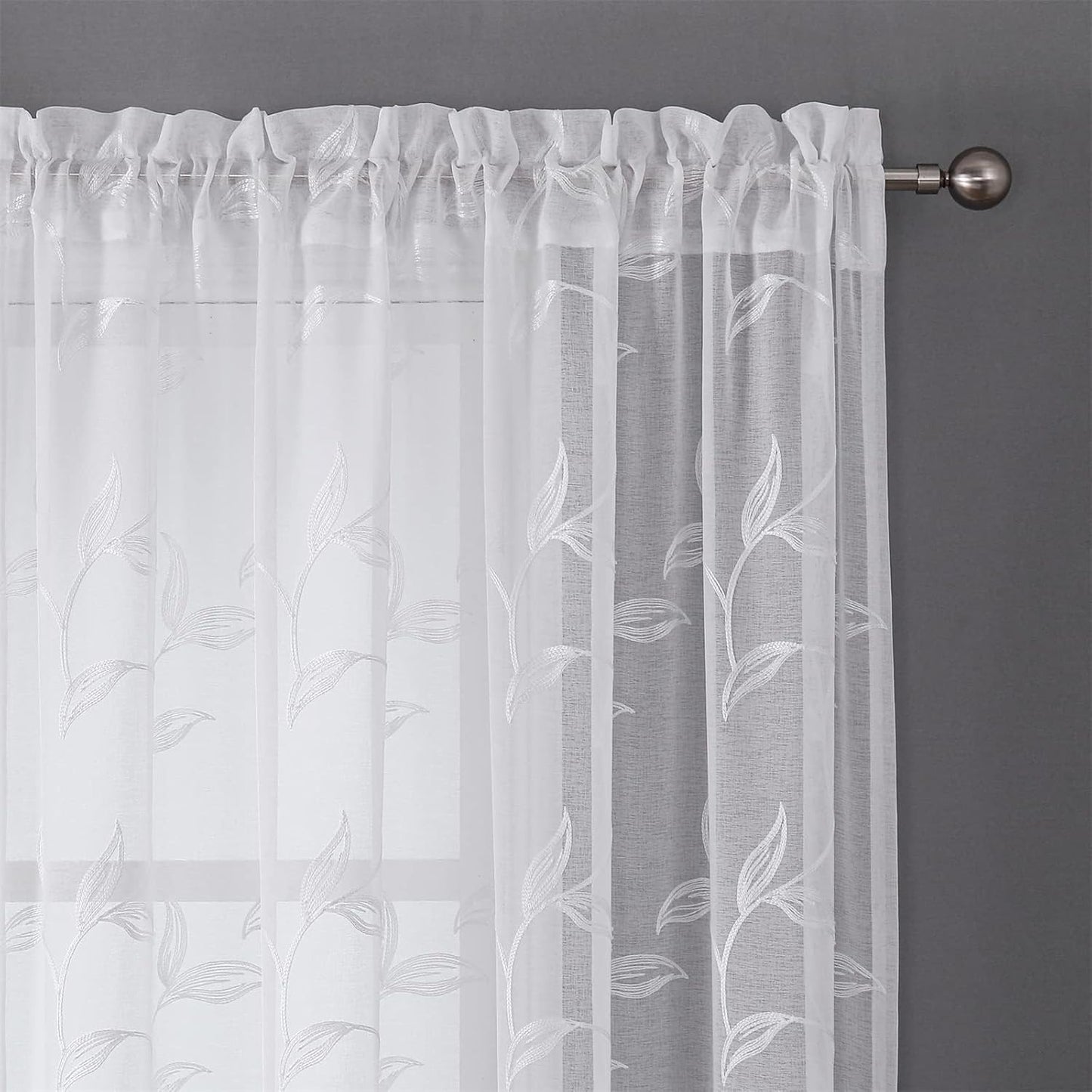 VISIONTEX Sheer Curtains 54 inch Length 2 Panels Set, White Voile Crushed Vine Leaves Embroidery, Rod Pocket Embroidered Window Drapes for Living Room and Bedroom, 54" x 54"