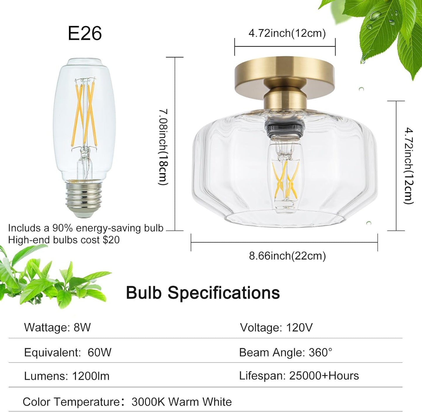 Gold Flush Mount Ceiling Light Modern - Hexagonal Diamond Faceted Glass, 50% Brighter 1200LM LED, Low-Profile for Kitchen/Hallway/Entryway, Tool-Free Installation (Brushed Gold Finish)