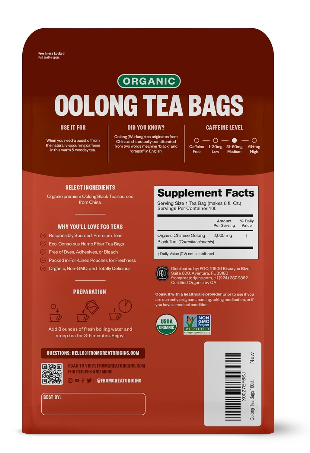 FGO Organic Oolong Tea, Eco-Conscious Tea Bags, 100 Count, Packaging May Vary (Pack of 1)
