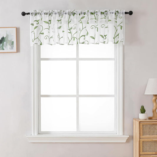VISIONTEX Sheer Voile Curtain Valances, Decorative Leaves Embroidered, Rod Pocket Window Treatment for Kitchen/Rustic Bedroom/Living Room (54 x 16 Inch,1 Panel)