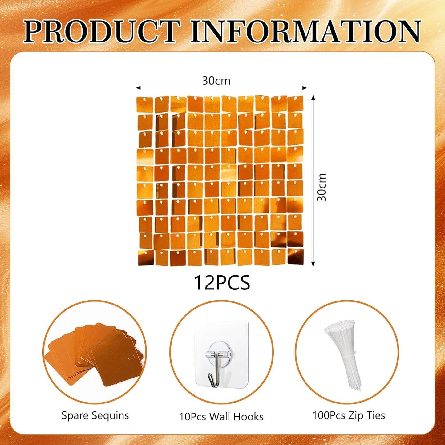 12PCS Orange Shimmer Wall Backdrop, Square Sequin Photo Backdrops Panel, Glitter Wall Background for Birthdays, Weddings, Halloween, Thanksgiving, Disco Bachelorette Party Decoration (3FTx4FT)