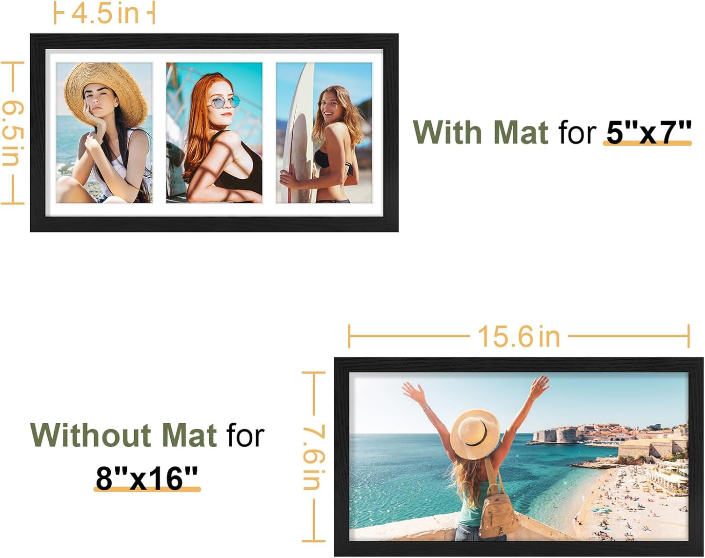 Vittanly 8x16 Collage Picture Frame, Displays 3Pcs 5x7 Pictures with Mat, Picture Frames Collage Wall Decor for Horizontal or Vertical Display, Black, 1 Pack