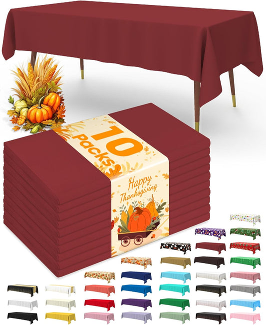Pureegg Plastic Table Cloth Disposable 10 Pack, 54 x 108 Inch Table Cloths, Party, Thanksgiving Decorations, Harvest, Fall Tablecloths, Rectangle, Maroon Plastic Cover, Leakproof & Sturdy, Burgundy