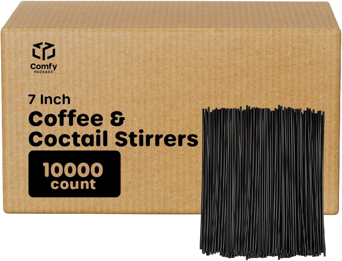 Comfy Package [7 Inch - Case of 10,000] Black Coffee Drink Stirrers & Cocktail Straws - Disposable Plastic Sip Stir Sticks for Hot & Cold Beverages
