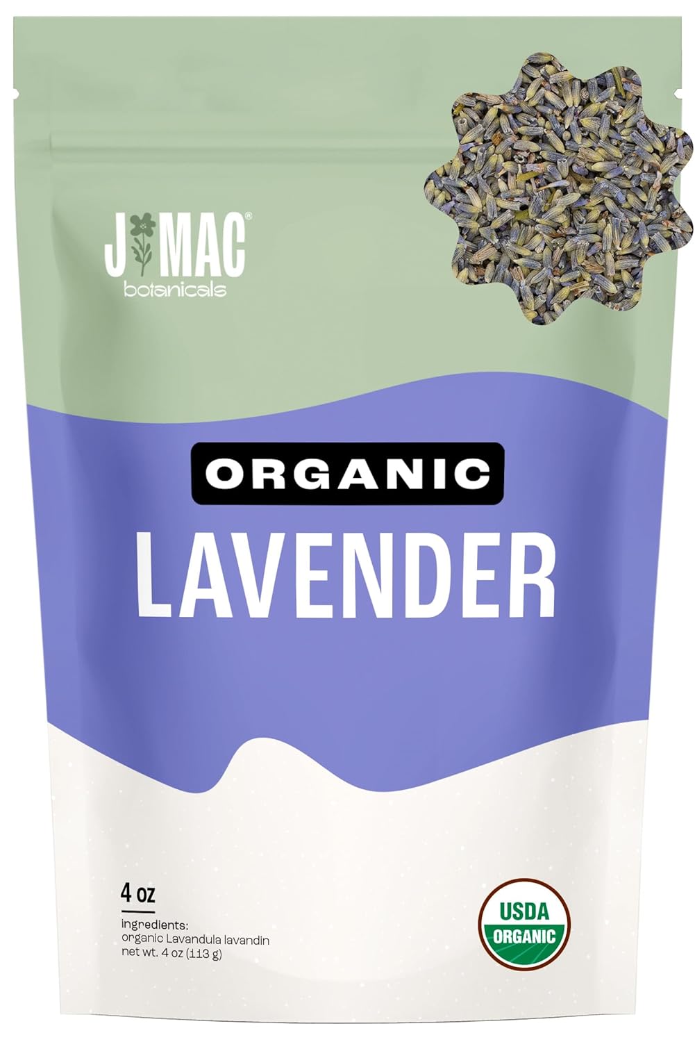 J MAC BOTANICALS, Organic Lavender Flower (4 oz), Dried Lavender Flowers, Buds, Manufactured in The USA