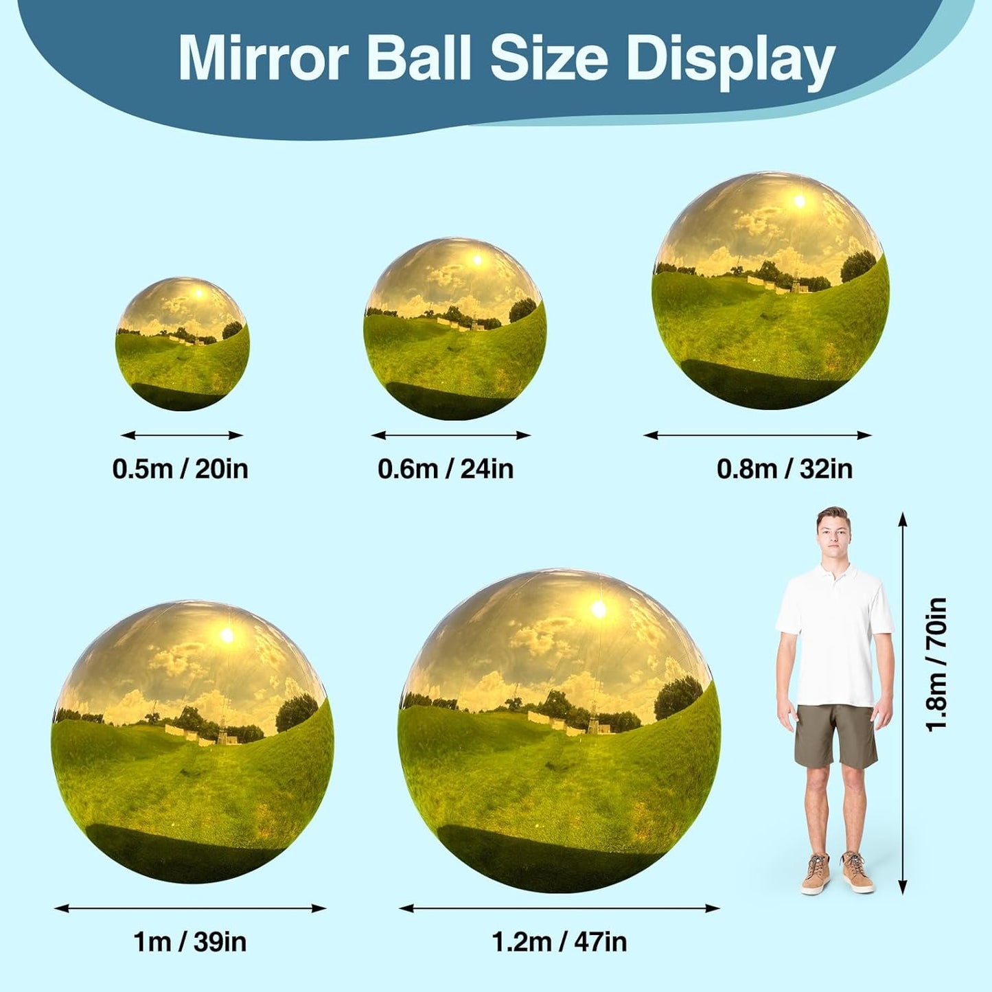 3PCS Gold Inflatable Mirror Ball, Big Shinny Balls Reusable Large PVC Disco Ball Balloon for Large Event Decoration, Party, Concerts, Stage, Wedding Decor, Without Air Pump