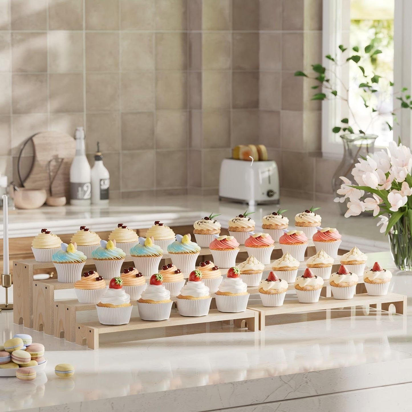 14 Inch Large Wooden Tiered Riser Display Stands, 2 Set Stackable Wooden Cupcake Stand Dessert Table Display Set,Tiered Shelf Organizer,Display Stands Shelf,Vendor Booth Display Items for Vendor Events（Natural Wood Color）