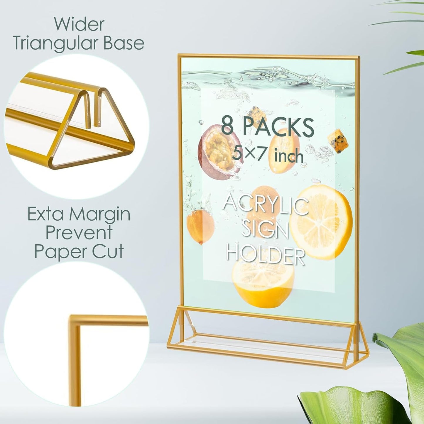 HOODO 8 Pack 5x7 Acrylic Table Number Holders with Golden Border, Double-Sided Clear Acrylic Sign Holder Gold Picture Frames Sign Holder, Vertical Stand (5"x7"-8 Pack)