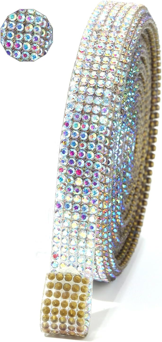 Rhinestone Ribbon 3 Yards Self Adhesive Rhinestone Strips Diamond Ribbon Sticker Crystal Roll Glitter Bling 2mm Rhinestones Tape for Crafting DIY Art Decoration (Silver AB,0.4 Inch)