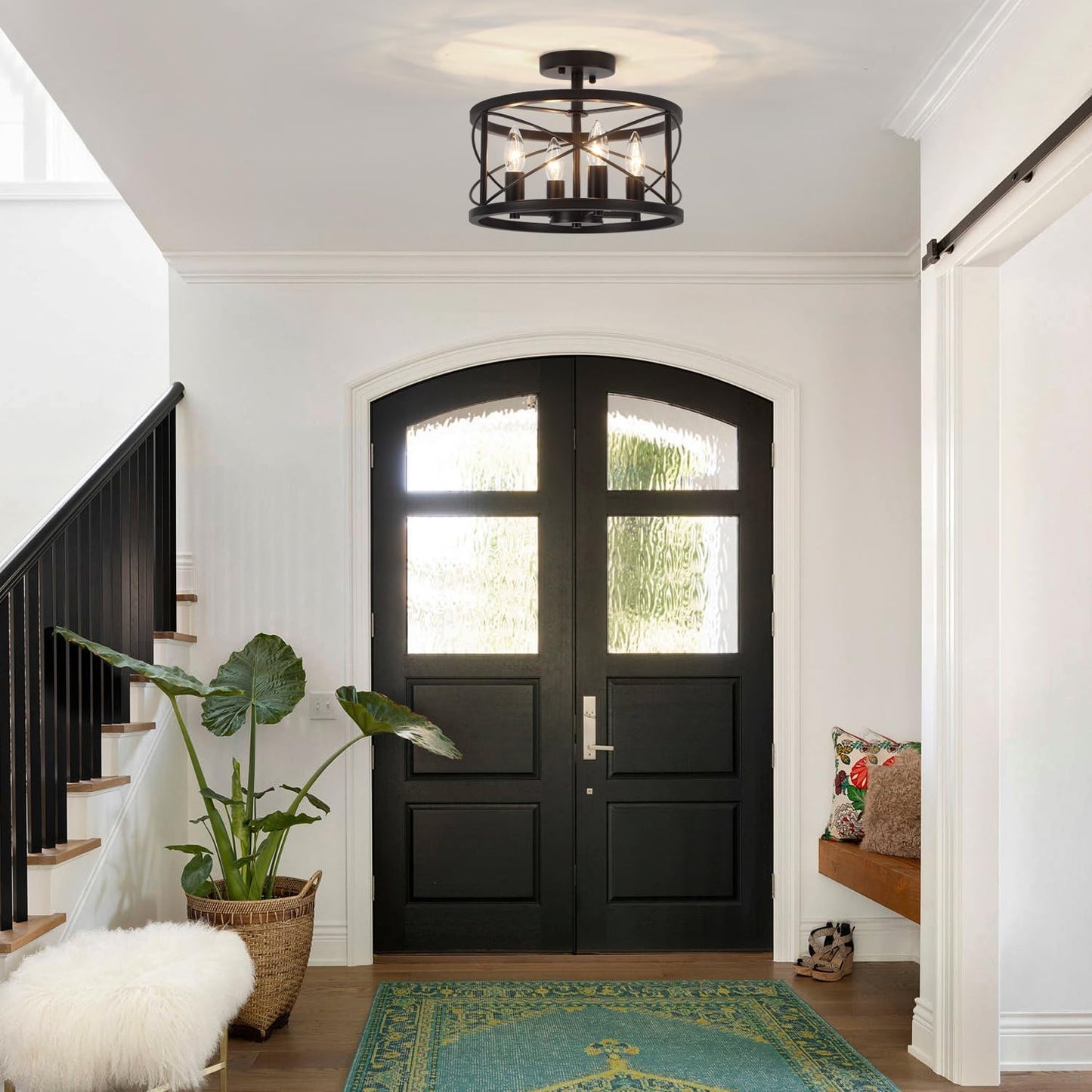 Black Semi Flush Mount Ceiling Light Fixture, 4-Light Farmhouse Modern Ceiling Light, Hallway Light Fixtures, Kitchen Lights, Ceiling Lamp for Entryway Dining Room Bedroom Laundry Lighting UL-Listed