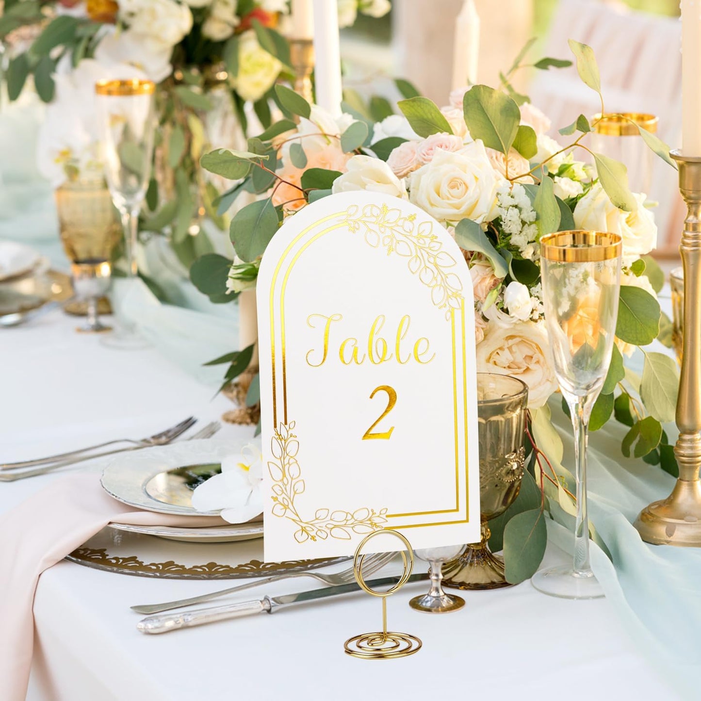Wedding Table Numbers 1-20, 20 White Gold Tables Number Cards with 20 Gold Table Holders, 1 Set of 20 Numbers Card for Wedding Reception(Card and Holder)